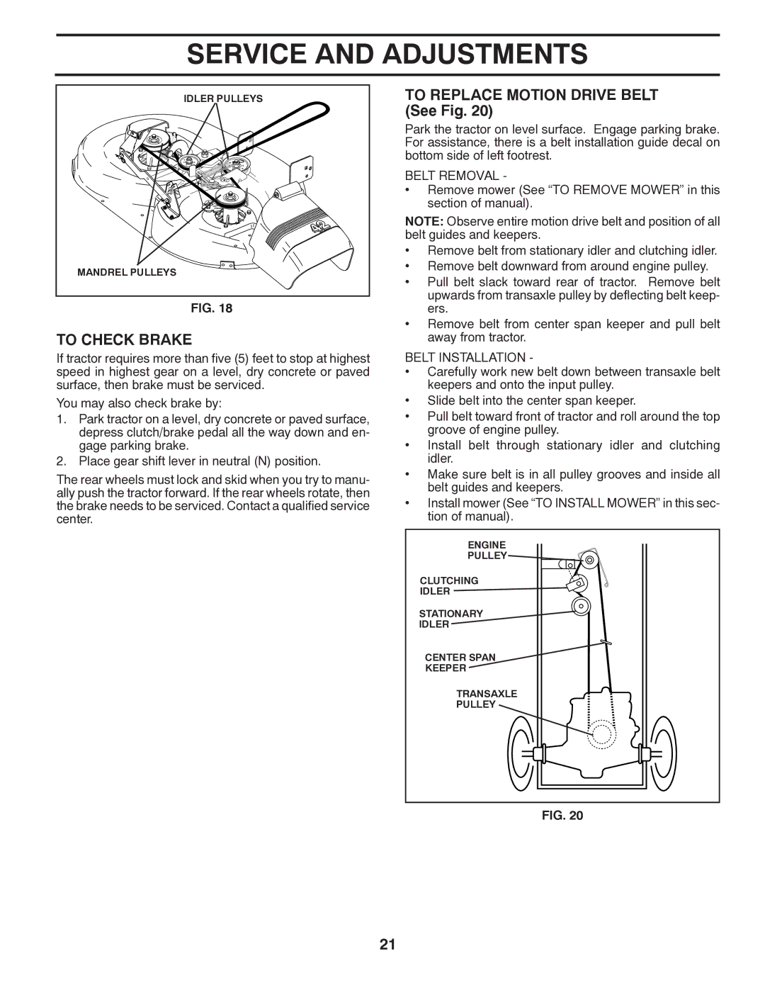 Poulan PO17542LTX manual To Check Brake, To Replace Motion Drive Belt See Fig 