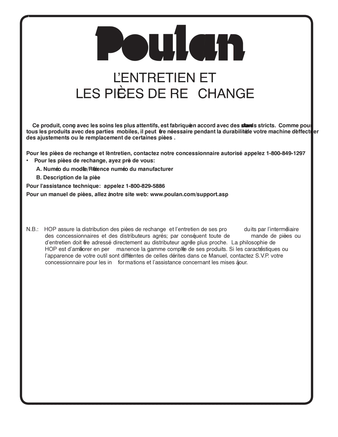 Poulan PO17542LTX manual Changere DE Pièces LES ET L’ENTRETIEN 