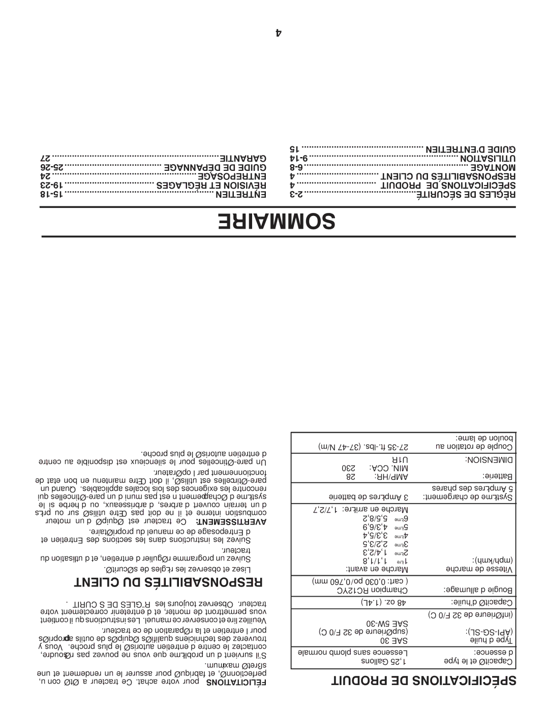 Poulan PO17542LTX manual Sommaire, Client DU Responsabilités, Produit DE Spécifications 