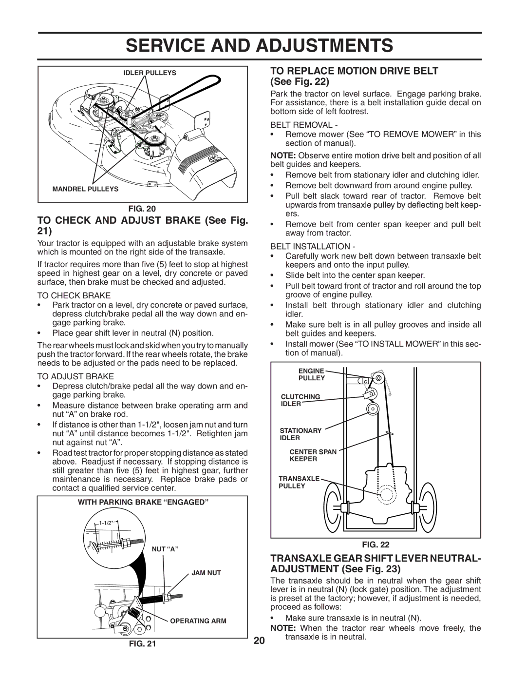 Poulan PO17542STA To Check and Adjust Brake See Fig, To Replace Motion Drive Belt See Fig, To Check Brake, To Adjust Brake 