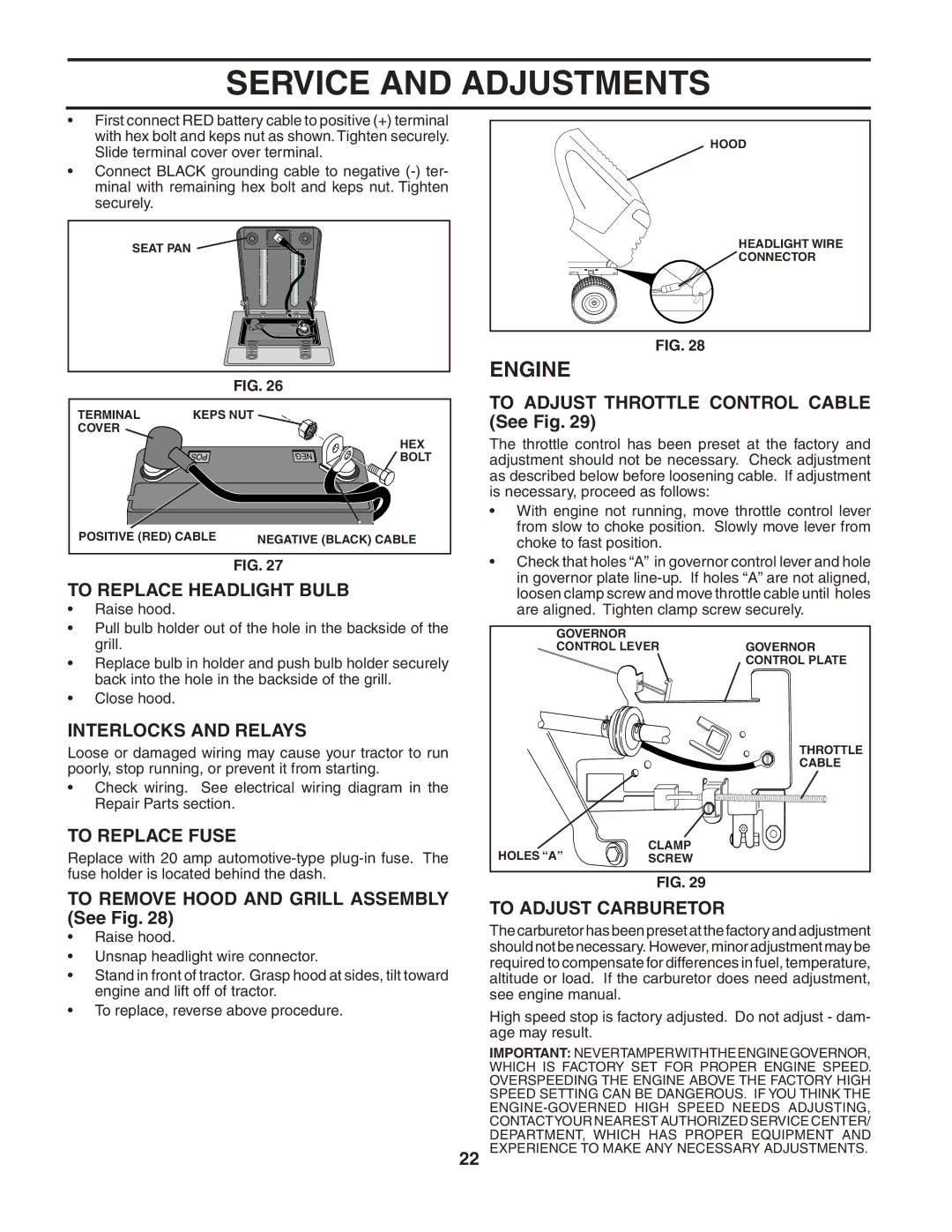 Poulan PO17542STA manual To Replace Headlight Bulb, Interlocks and Relays, To Replace Fuse, To Adjust Carburetor 