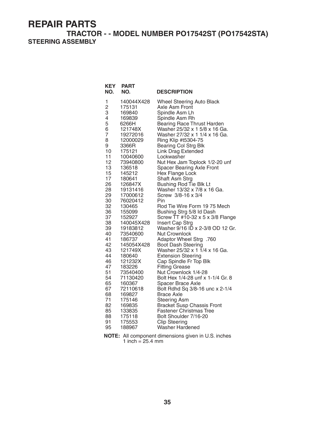 Poulan PO17542STA manual Spacer Brace Axle 72110618 