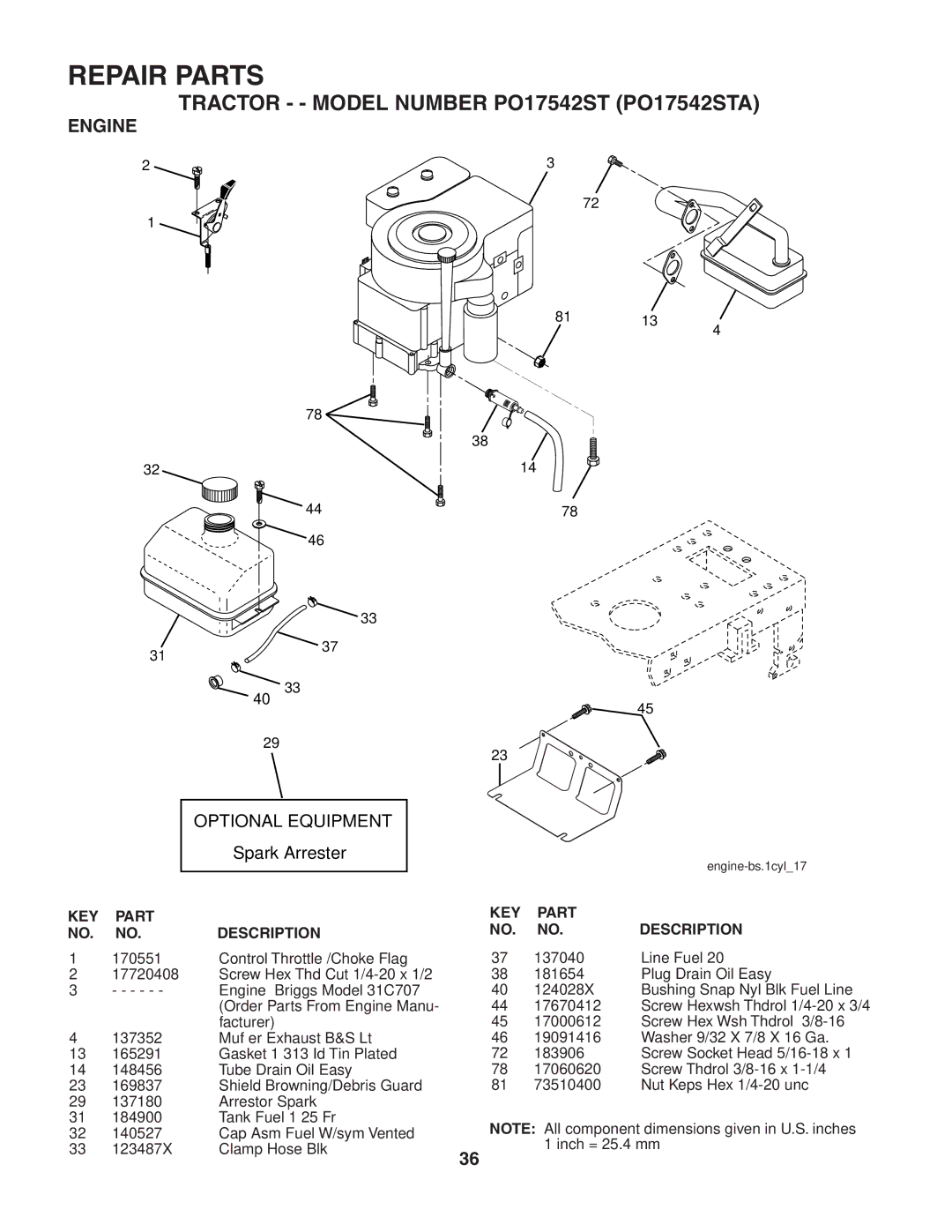 Poulan PO17542STA manual Engine, Optional Equipment 