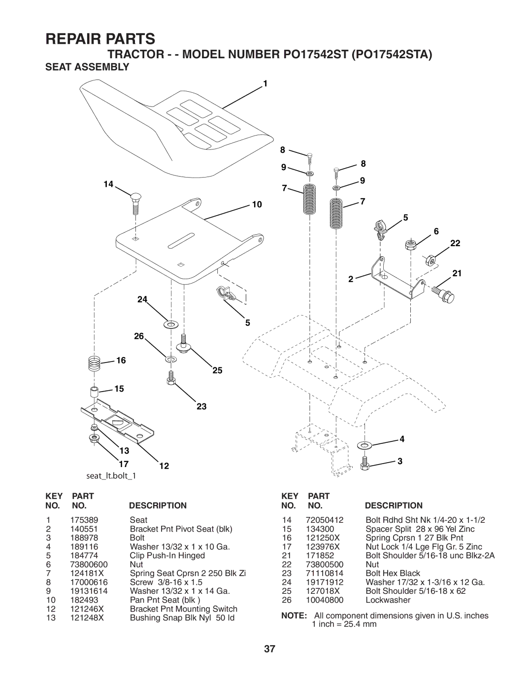 Poulan PO17542STA manual Seat Assembly, Seatlt.bolt1 