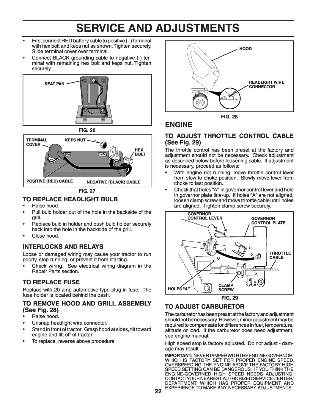 Poulan PO17542STA manual To Replace Headlight Bulb, Interlocks And Relays, To Replace Fuse, To Adjust Carburetor, Engine 