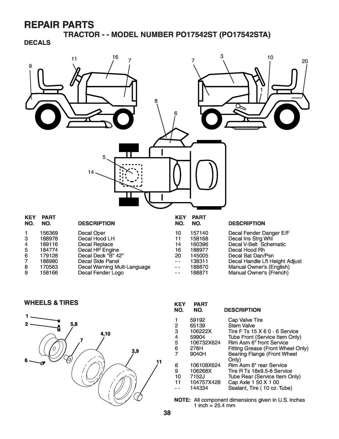 Poulan manual Decals, Wheels & Tires, Repair Parts, TRACTOR - - MODEL NUMBER PO17542ST PO17542STA 