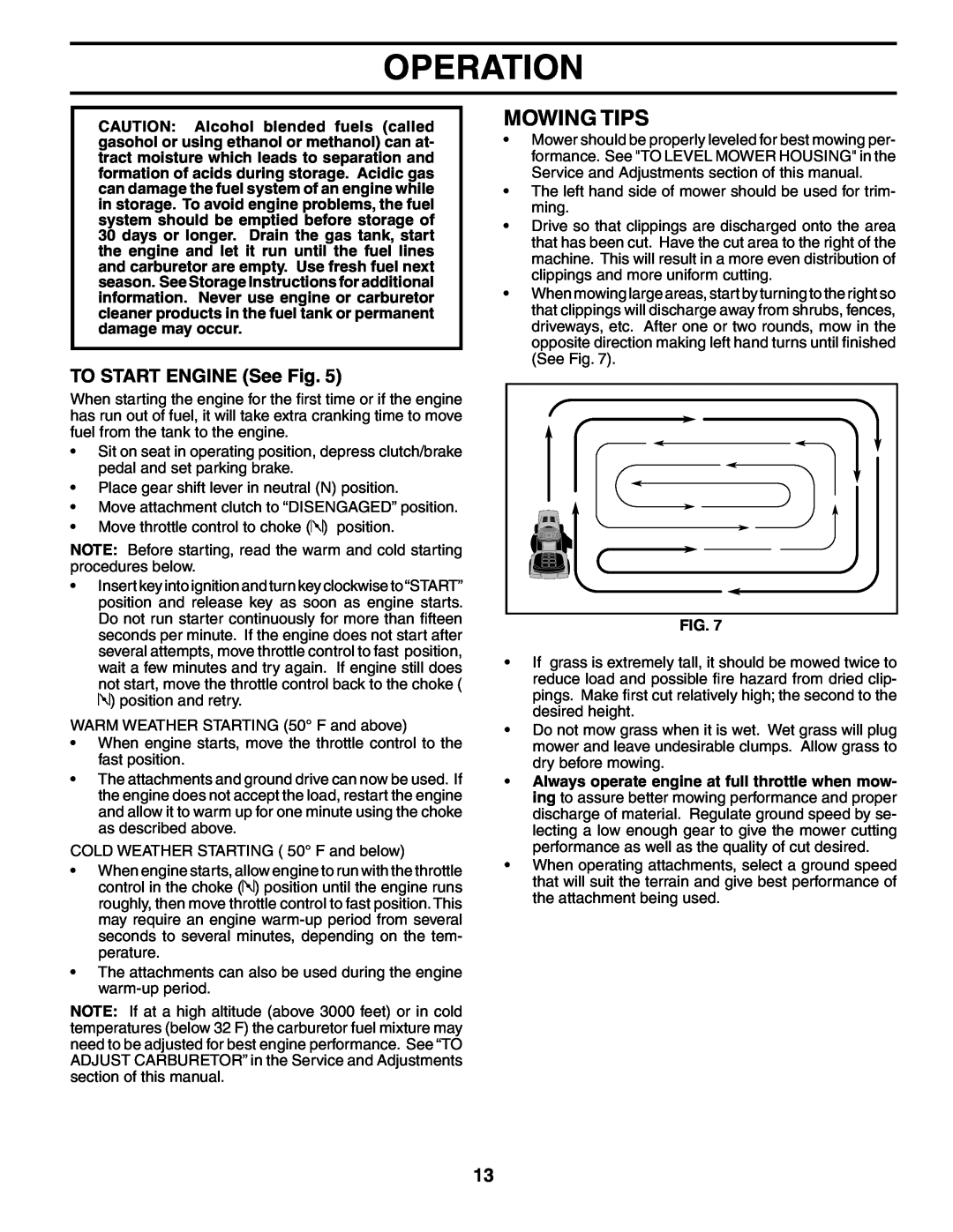 Poulan PO17542STB manual Mowing Tips, TO START ENGINE See Fig, Operation 