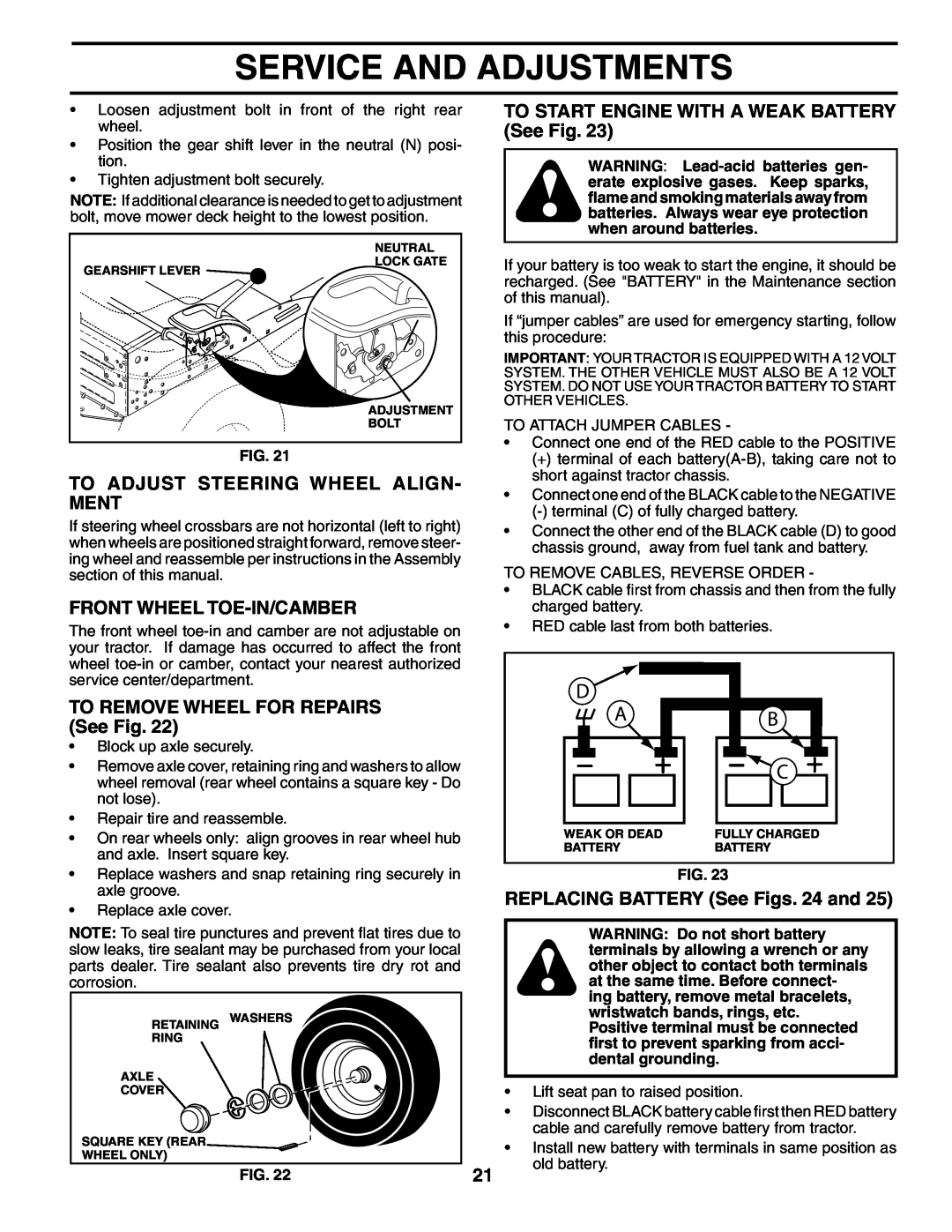 Poulan PO17542STB To Adjust Steering Wheel Align- Ment, Front Wheel Toe-In/Camber, TO REMOVE WHEEL FOR REPAIRS See Fig 
