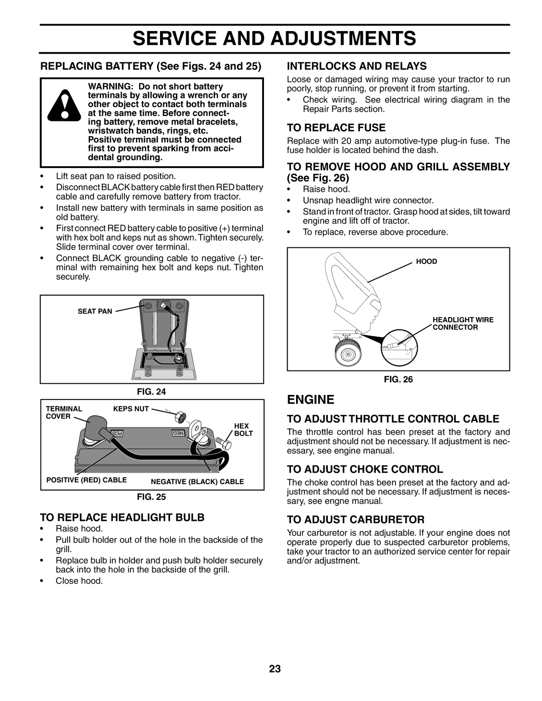 Poulan PO17542STC To Replace Headlight Bulb, Interlocks and Relays, To Replace Fuse, To Adjust Throttle Control Cable 