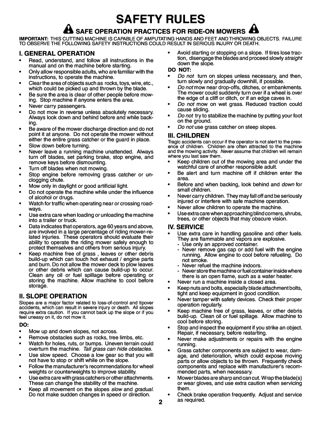 Poulan PO17542STC Safety Rules, Safe Operation Practices For Ride-Onmowers, I. General Operation, Ii. Slope Operation 