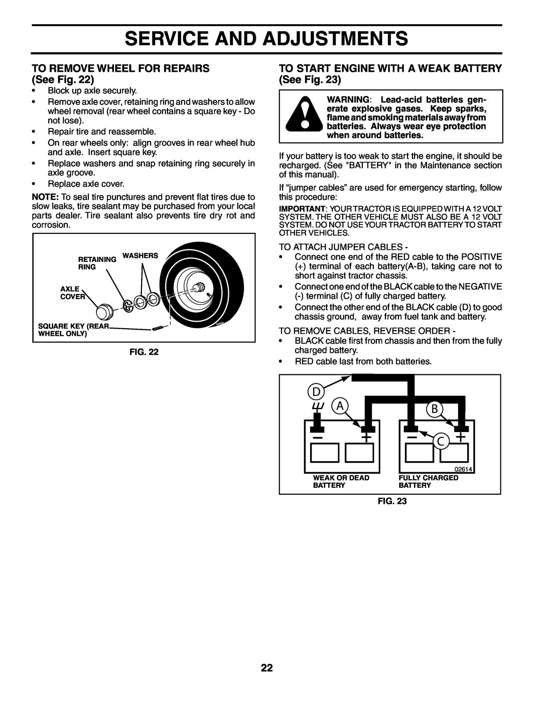 Poulan PO17542STC manual TO REMOVE WHEEL FOR REPAIRS See Fig, TO START ENGINE WITH A WEAK BATTERY See Fig 