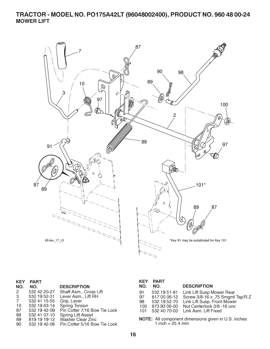 Poulan PO175A42LT manual Mower Lift, 100 101 