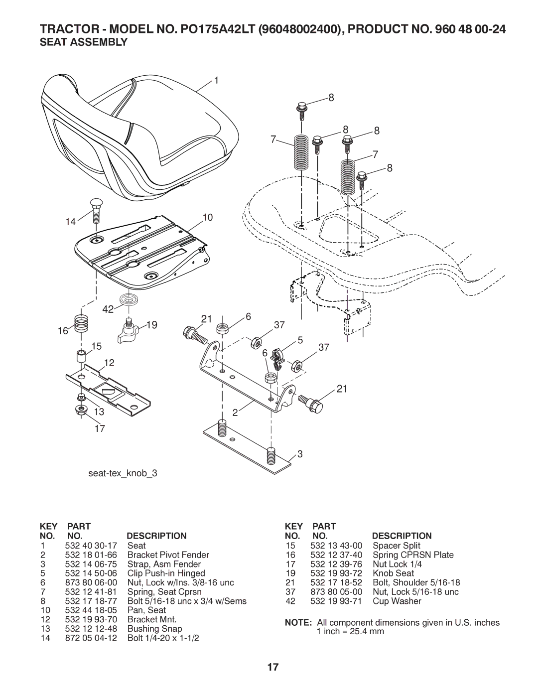 Poulan PO175A42LT manual Seat Assembly, Seat-texknob3 