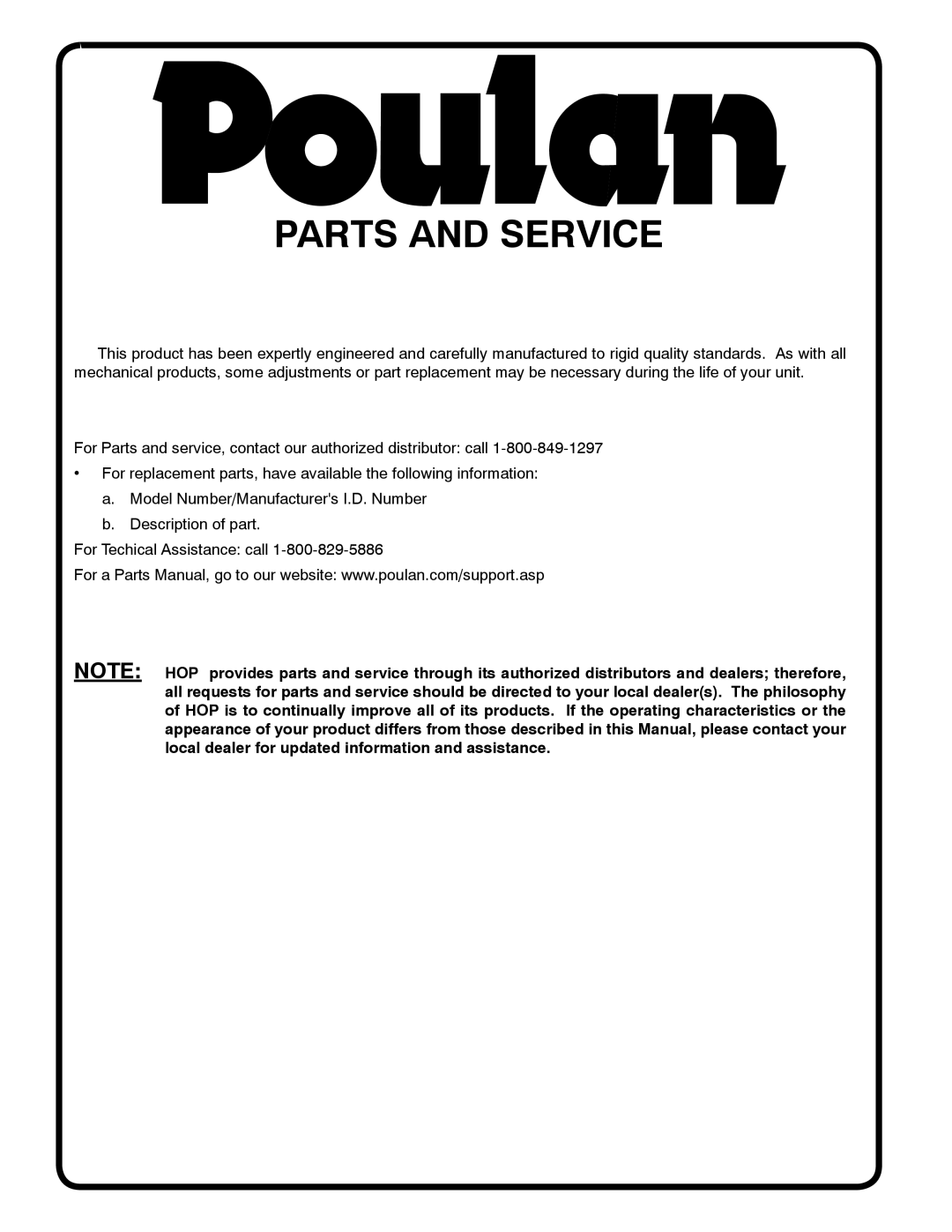 Poulan PO175H42LT manual Parts and Service 