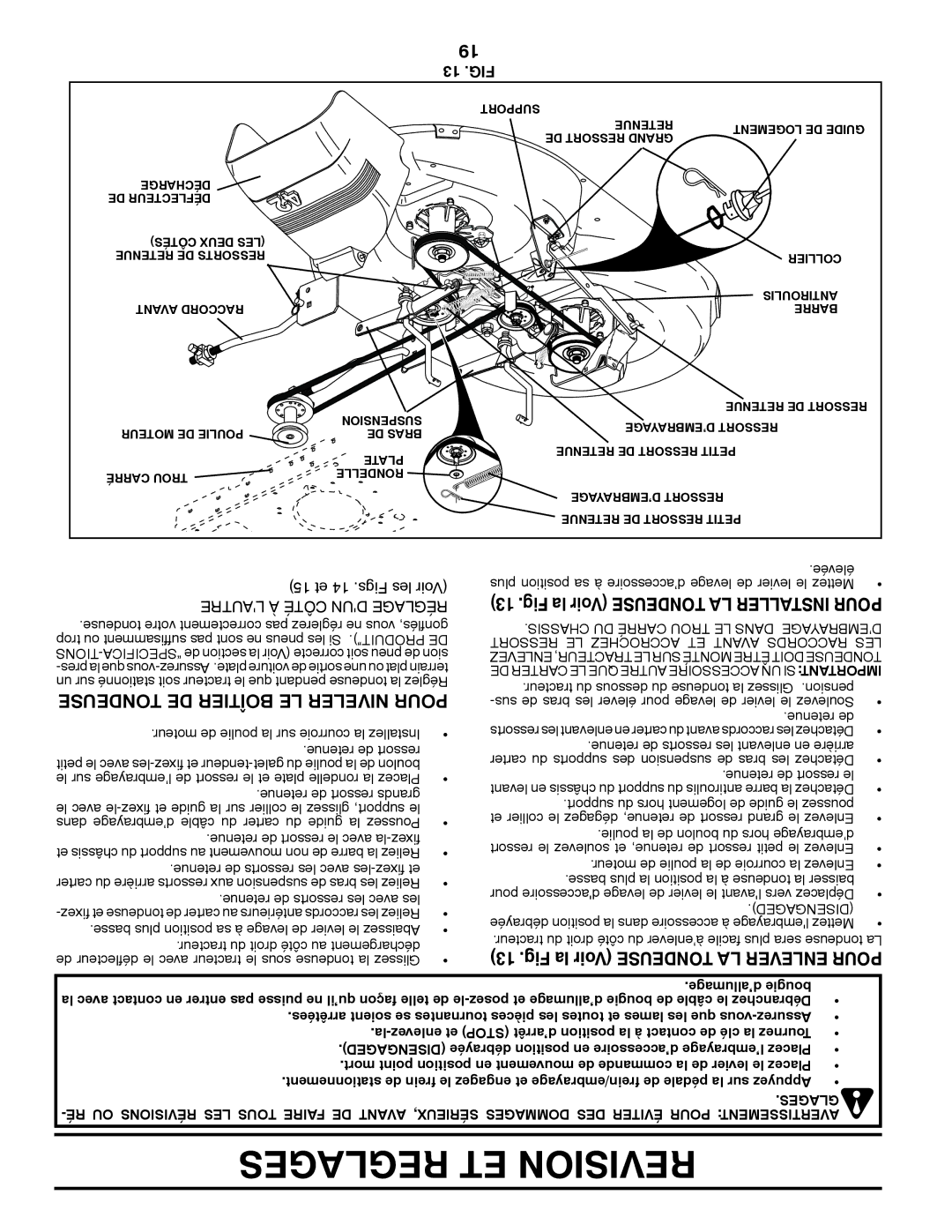 Poulan PO175H42LT manual Tondeuse DE Boîtier LE Niveler Pour, 13 .FIG, 15 et 14 .Figs les Voir, Lautre À Côté DUN Réglage 