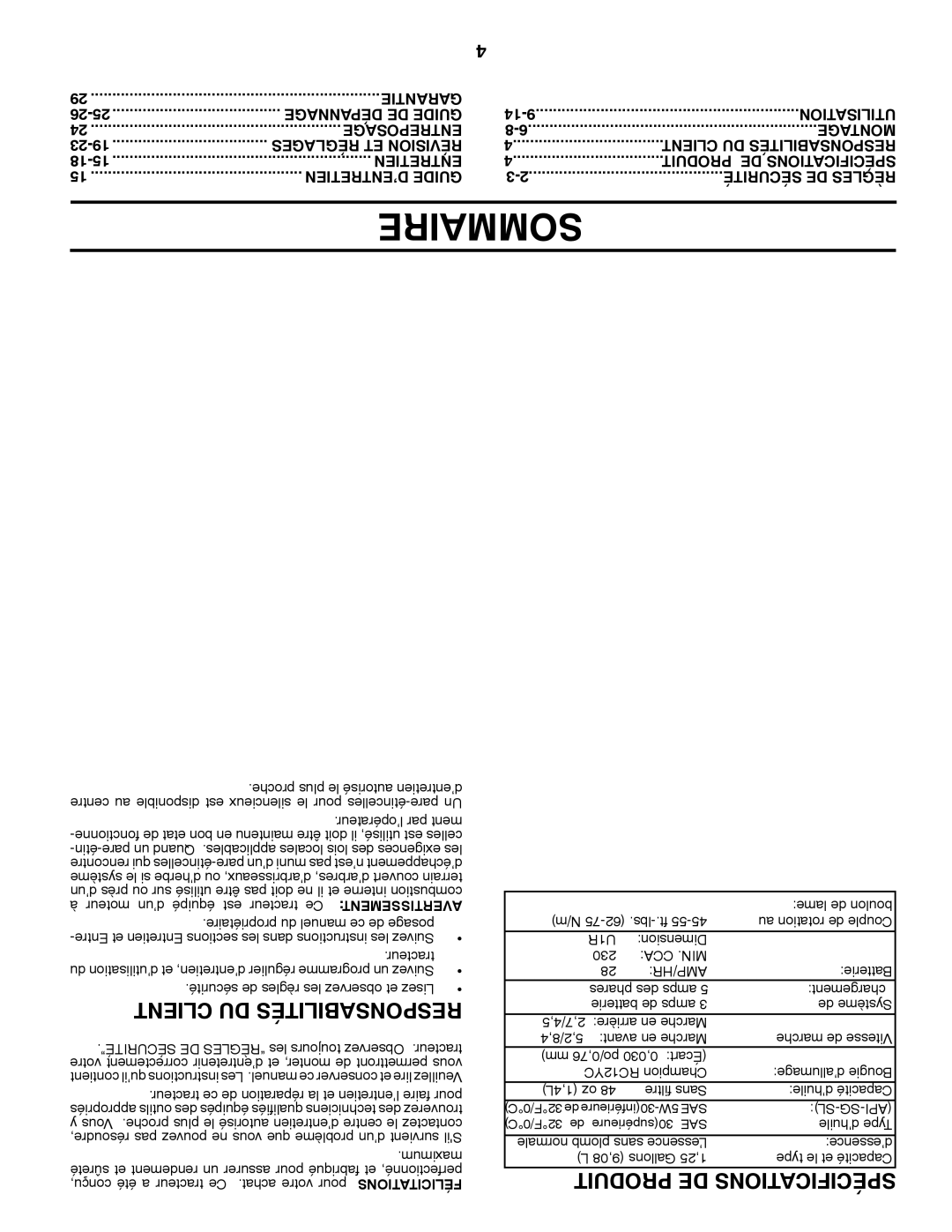 Poulan PO175H42LT manual Sommaire, Client DU Responsabilités, Produit DE Spécifications 