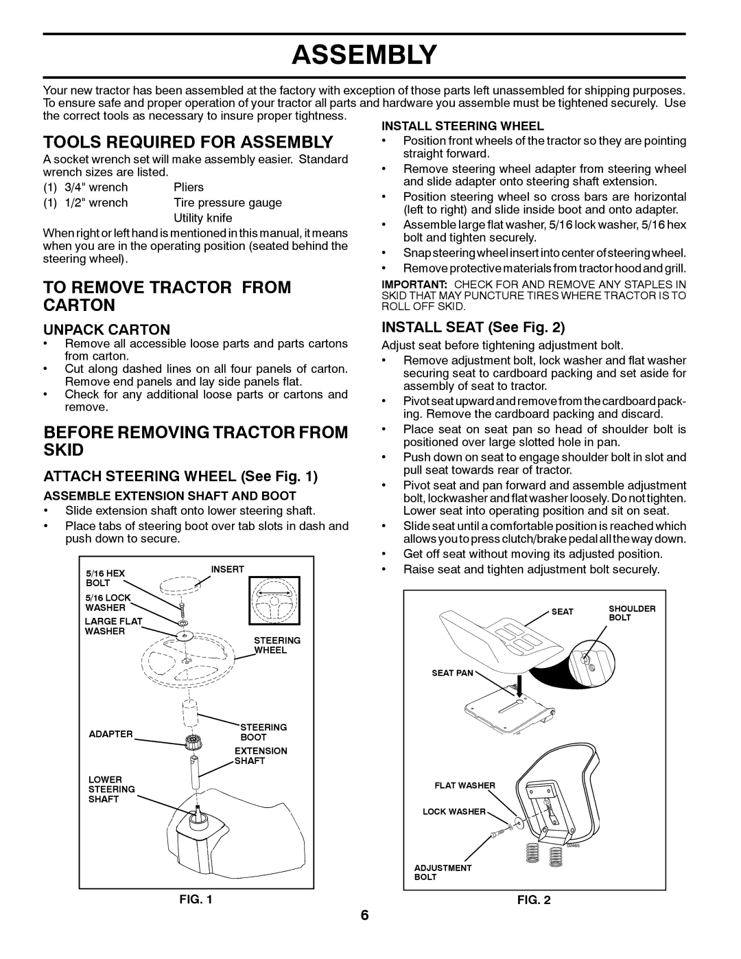 Poulan PO175H42LT manual Tools Required for Assembly, To Remove Tractor from Carton, Before Removing Tractor from Skid 