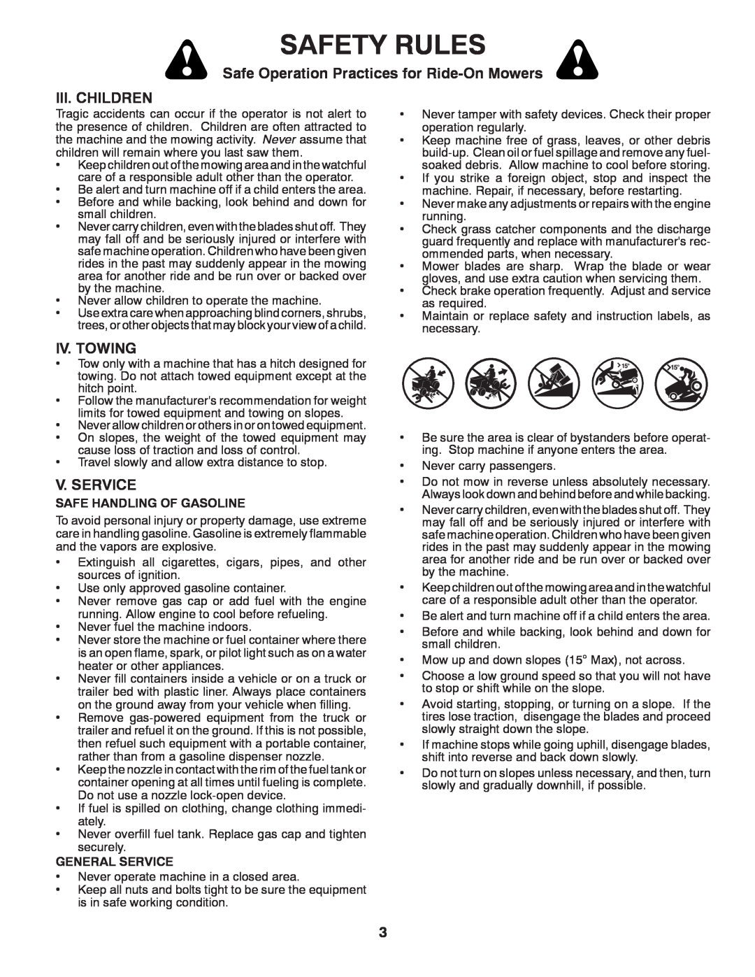 Poulan PO175H42LT manual Iii. Children, Iv. Towing, V. Service, Safety Rules, Safe Operation Practices for Ride-On Mowers 
