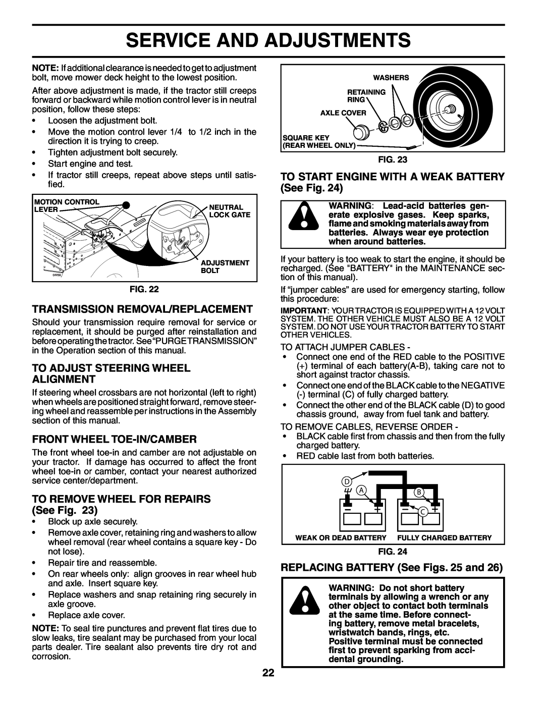 Poulan PO175H42STA manual Transmission Removal/Replacement, To Adjust Steering Wheel Alignment, Front Wheel Toe-In/Camber 