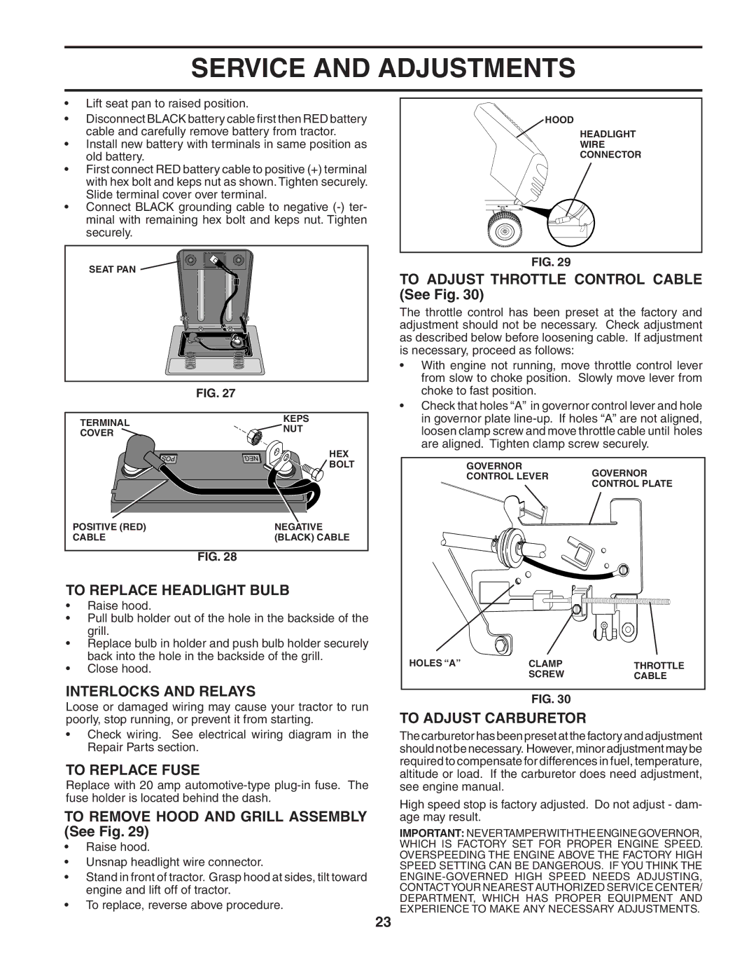 Poulan PO17H42STA manual To Replace Headlight Bulb, Interlocks and Relays, To Replace Fuse, To Adjust Carburetor 