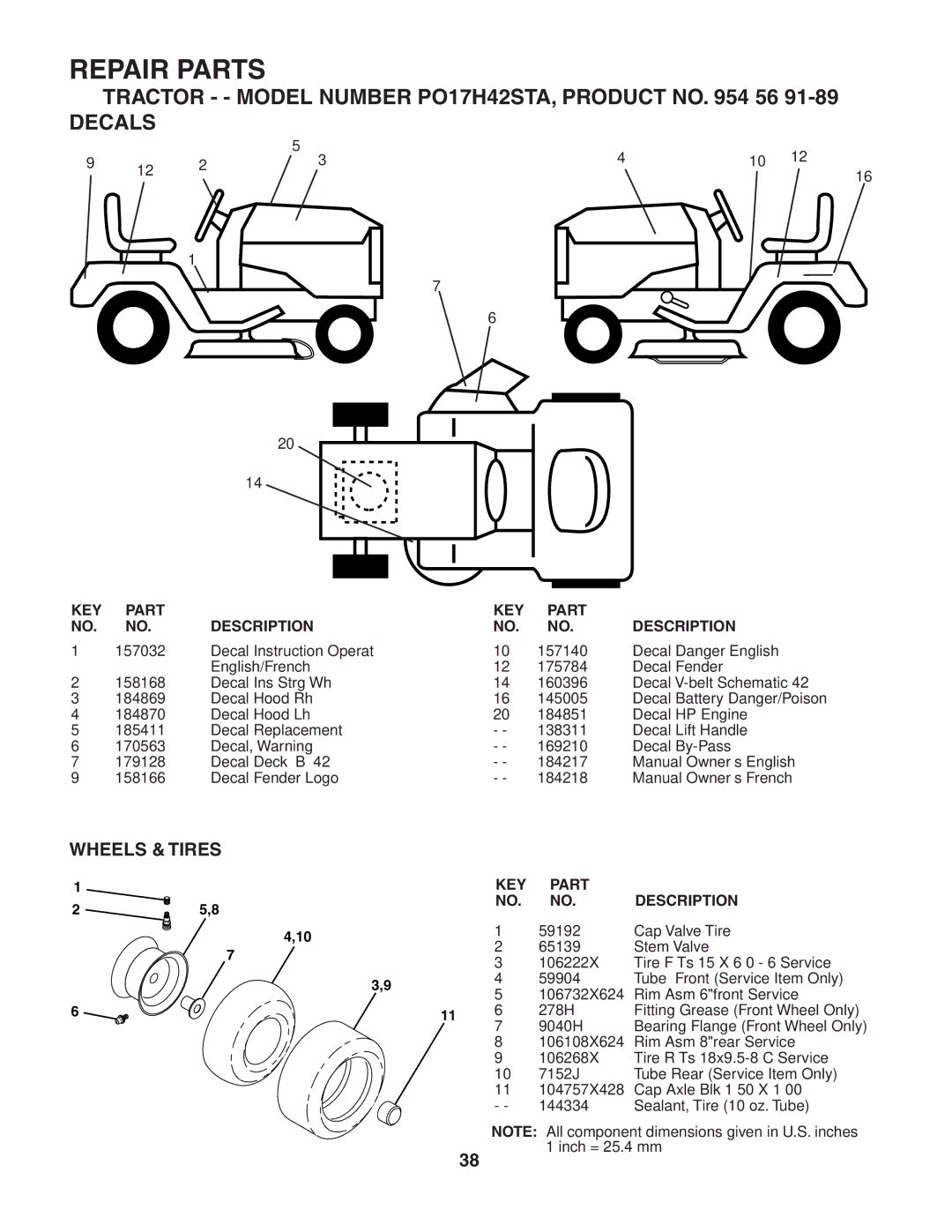 Poulan manual Tractor - Model Number PO17H42STA, Product no 56 Decals, Wheels & Tires 