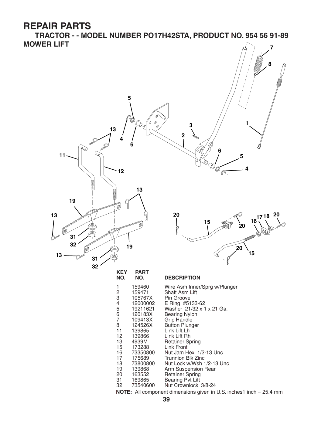 Poulan manual Tractor - Model Number PO17H42STA, Product no 56 Mower Lift 