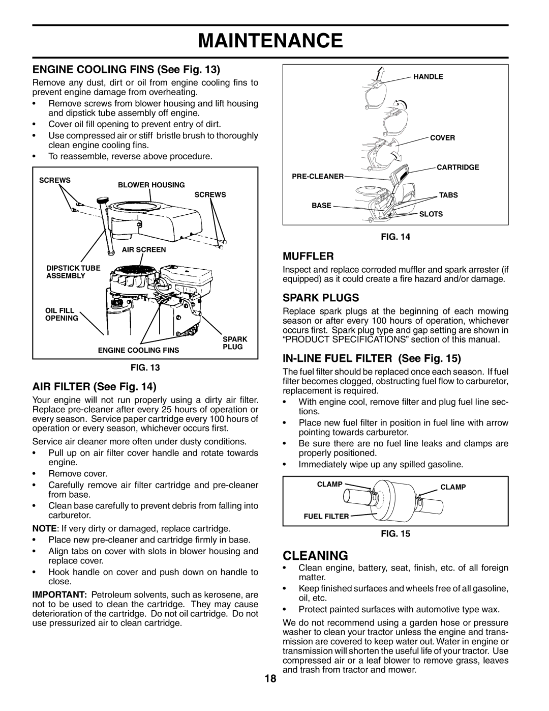 Poulan PO17H42STB manual Cleaning, Muffler, Spark Plugs 