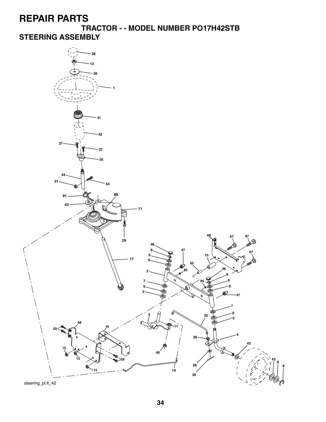 Poulan manual Tractor - Model Number PO17H42STB Steering Assembly 