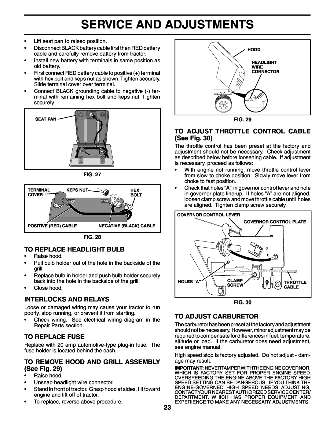 Poulan PO17H42STB manual To Replace Headlight Bulb, Interlocks And Relays, To Replace Fuse, To Adjust Carburetor 