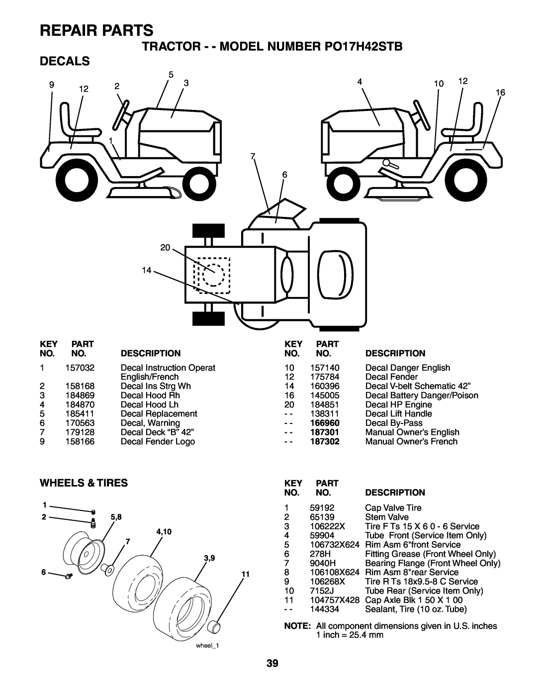 Poulan manual TRACTOR - - MODEL NUMBER PO17H42STB DECALS, Wheels & Tires, Repair Parts 
