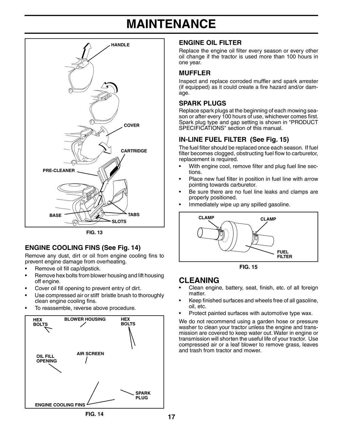 Poulan PO1842STA manual Cleaning, Engine OIL Filter, Muffler, Spark Plugs 