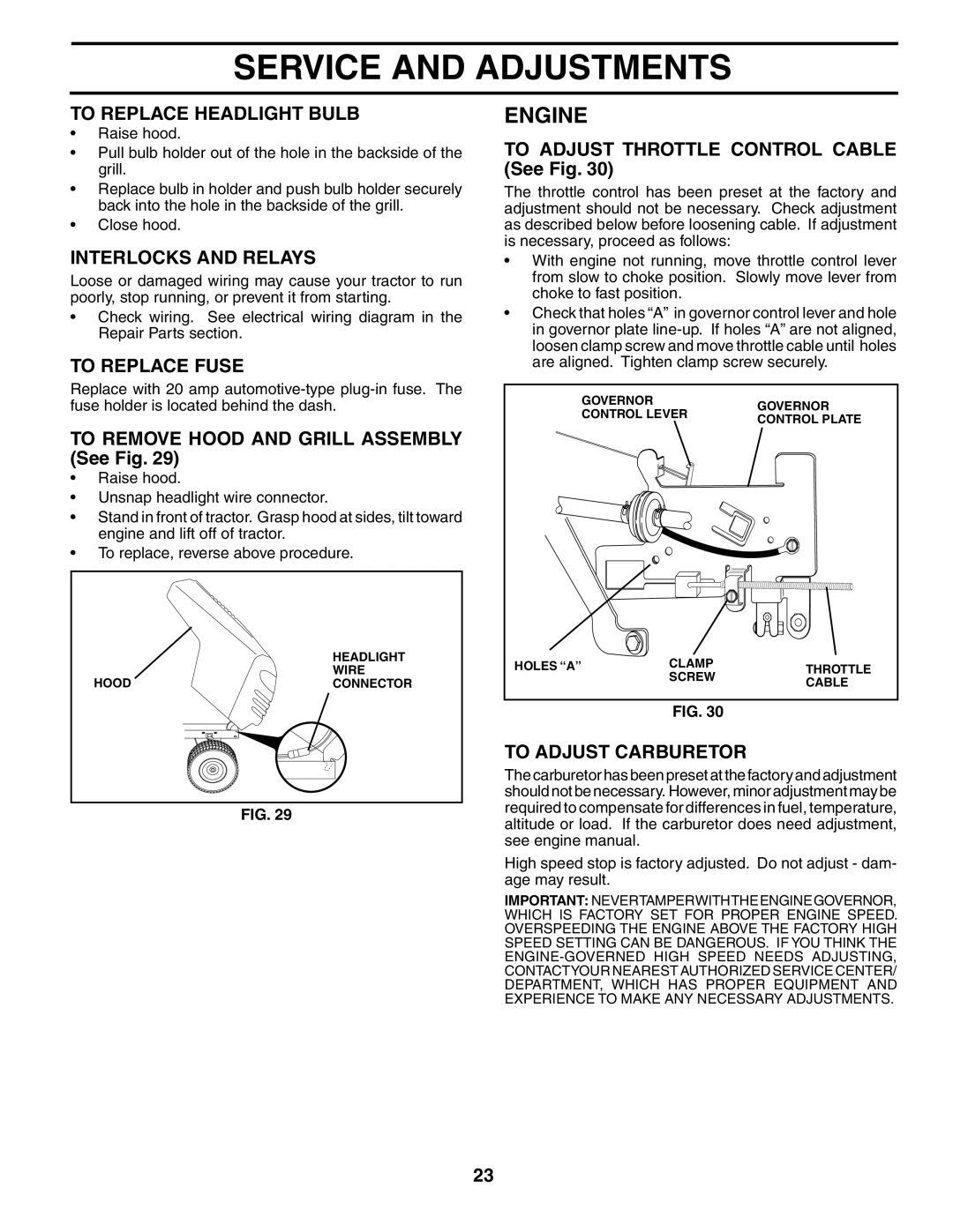 Poulan PO1842STA manual To Replace Headlight Bulb, Interlocks and Relays, To Replace Fuse, To Adjust Carburetor 