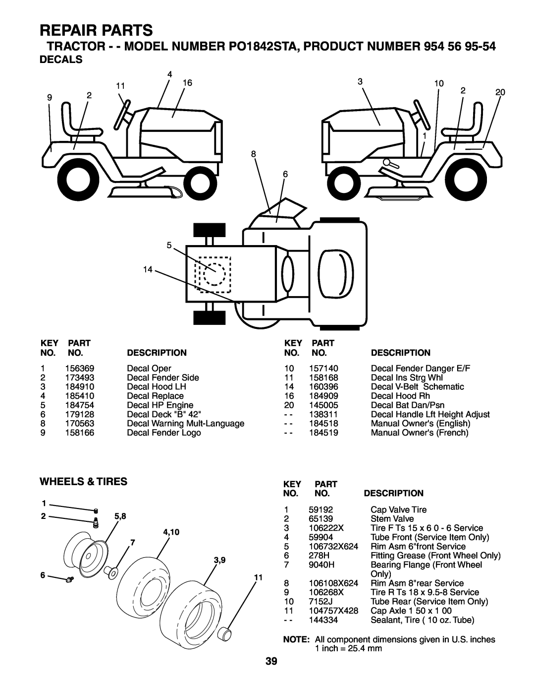 Poulan manual Decals, Wheels & Tires, Repair Parts, TRACTOR - - MODEL NUMBER PO1842STA, PRODUCT NUMBER 954 