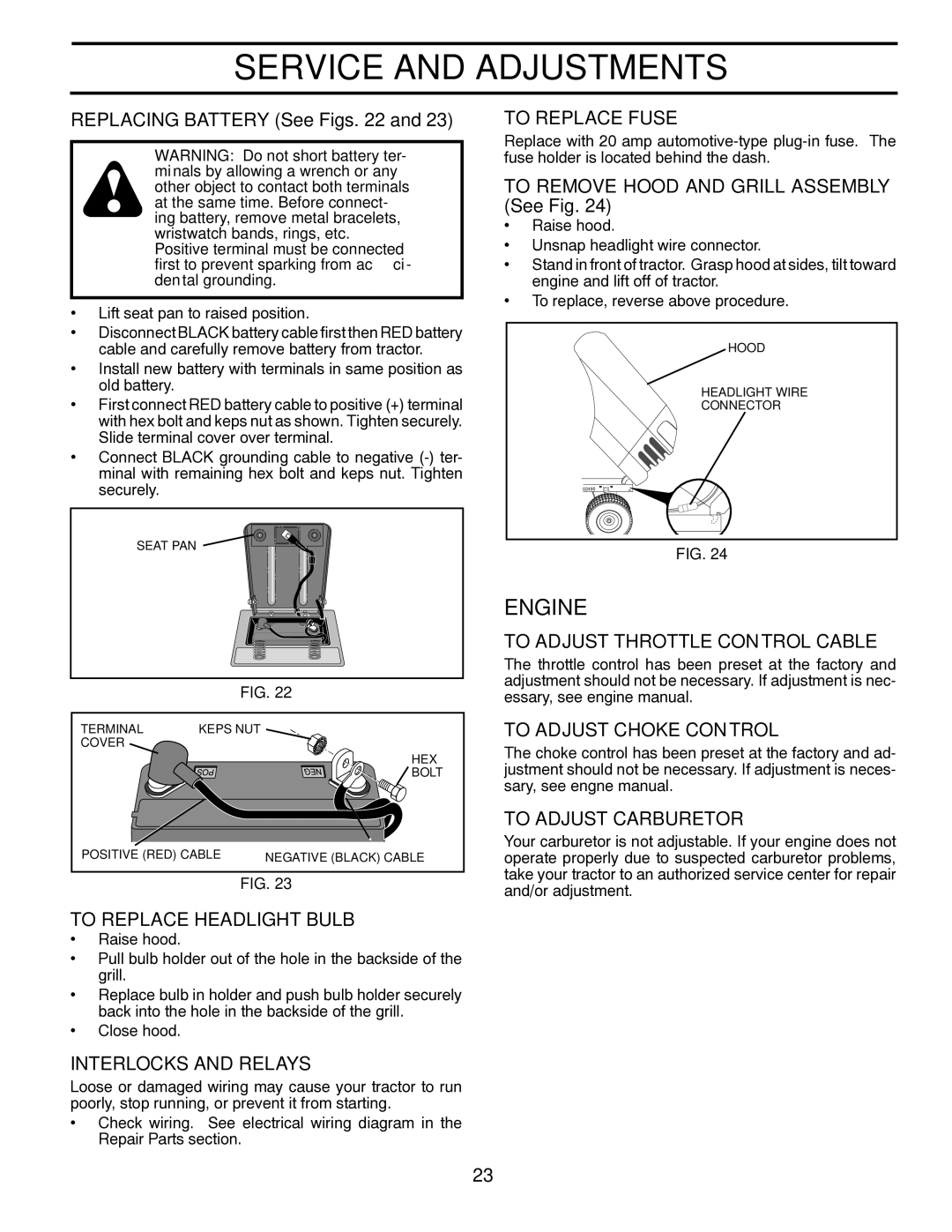 Poulan PO18542LT manual To Replace Headlight Bulb, Interlocks and Relays, To Replace Fuse, To Adjust Throttle Control Cable 