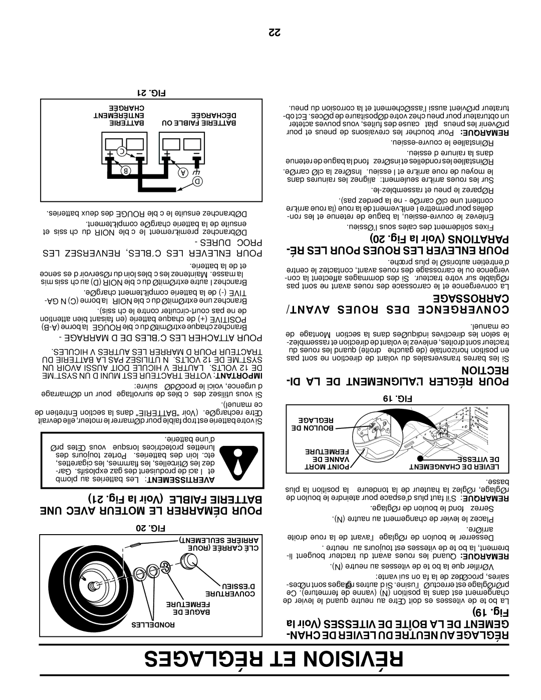 Poulan PO18542LT manual Carrossage AVANT/ Roues DES Convergence, Tionrec -DI LA DE L’ALIGNEMENT Régler Pour, 19 .Fig 