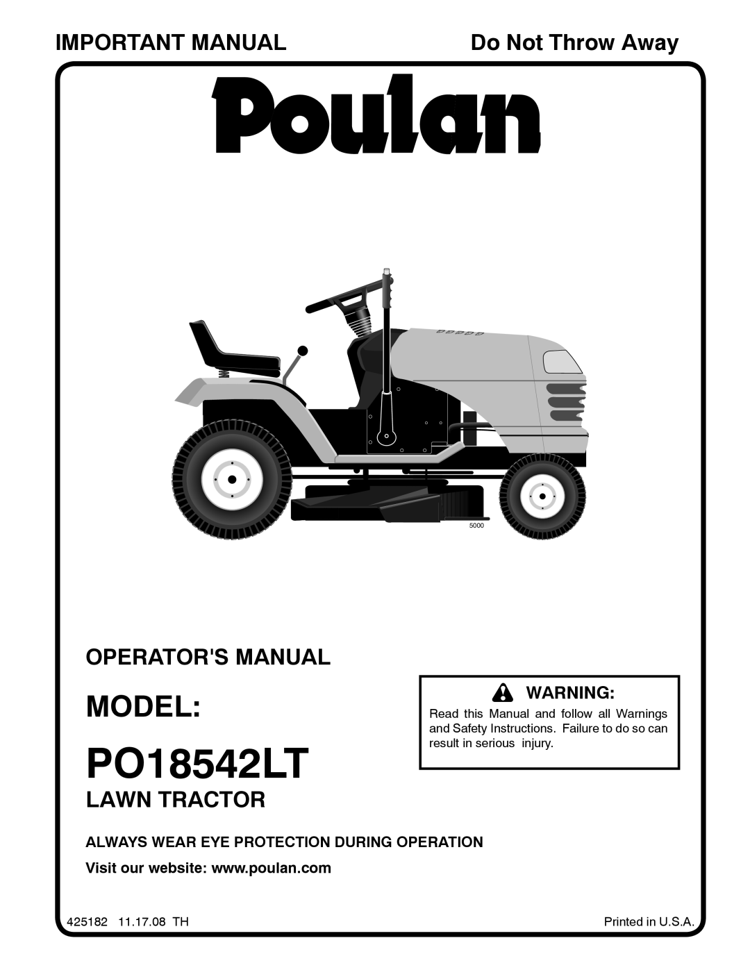 Poulan PO18542LT manual Model, Important Manual, Operators Manual, Lawn Tractor, Do Not Throw Away, 5000 