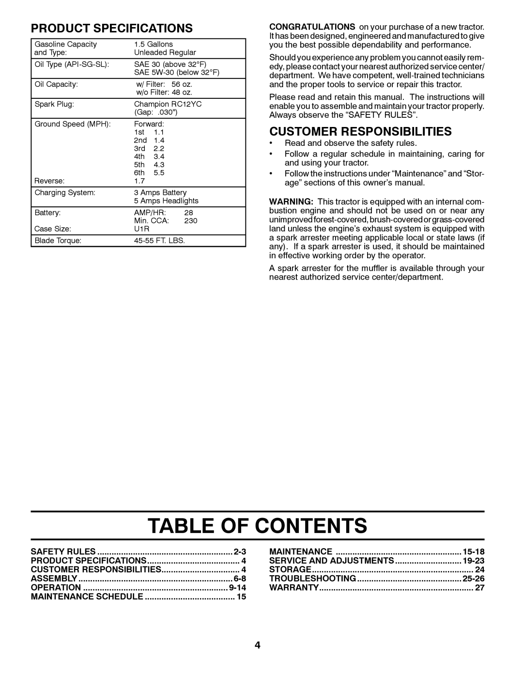 Poulan PO18542LT manual Table Of Contents, Product Specifications, Customer Responsibilities 