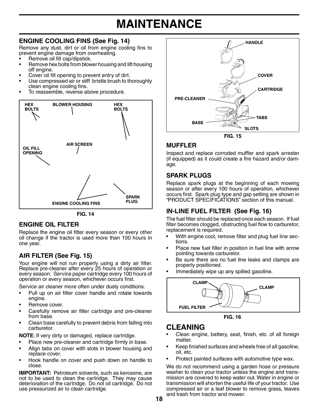 Poulan PO18H42STA manual Cleaning, Engine OIL Filter, Muffler, Spark Plugs 