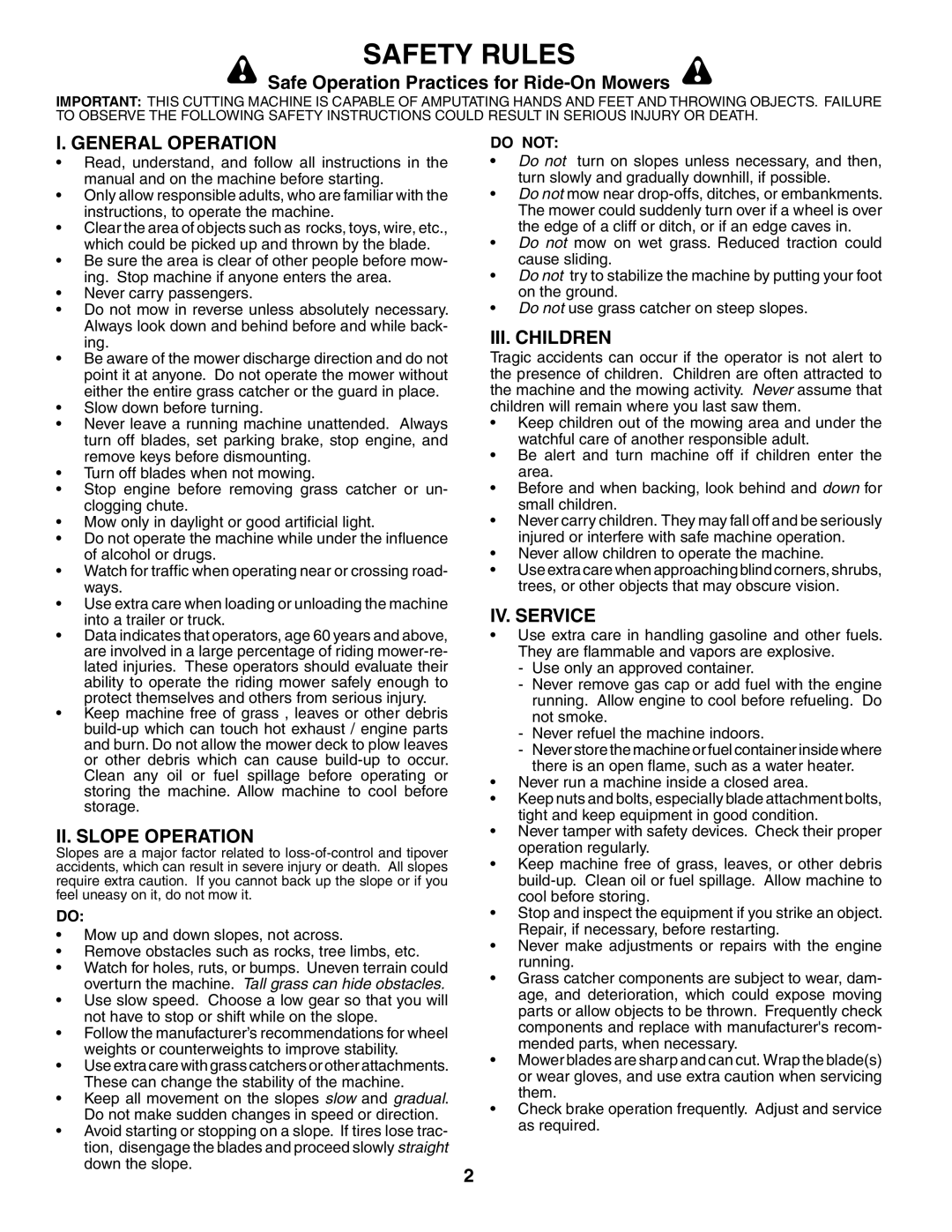 Poulan PO18H42STA manual Safe Operation Practices for Ride-On Mowers, General Operation, II. Slope Operation, III. Children 