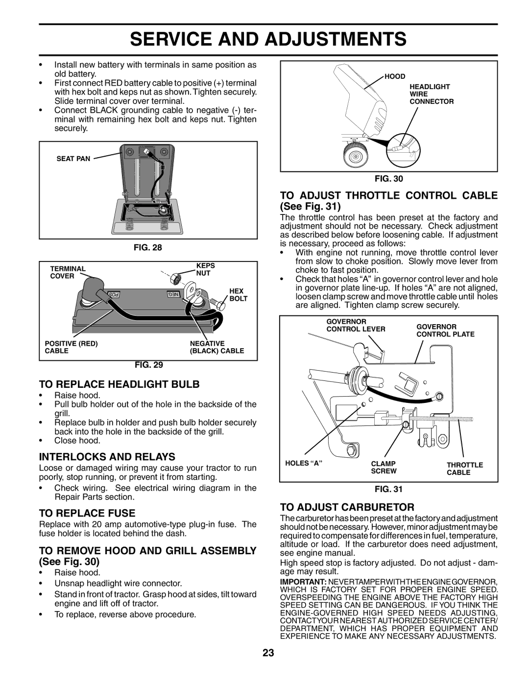 Poulan PO18H42STA manual To Replace Headlight Bulb, Interlocks and Relays, To Replace Fuse, To Adjust Carburetor 