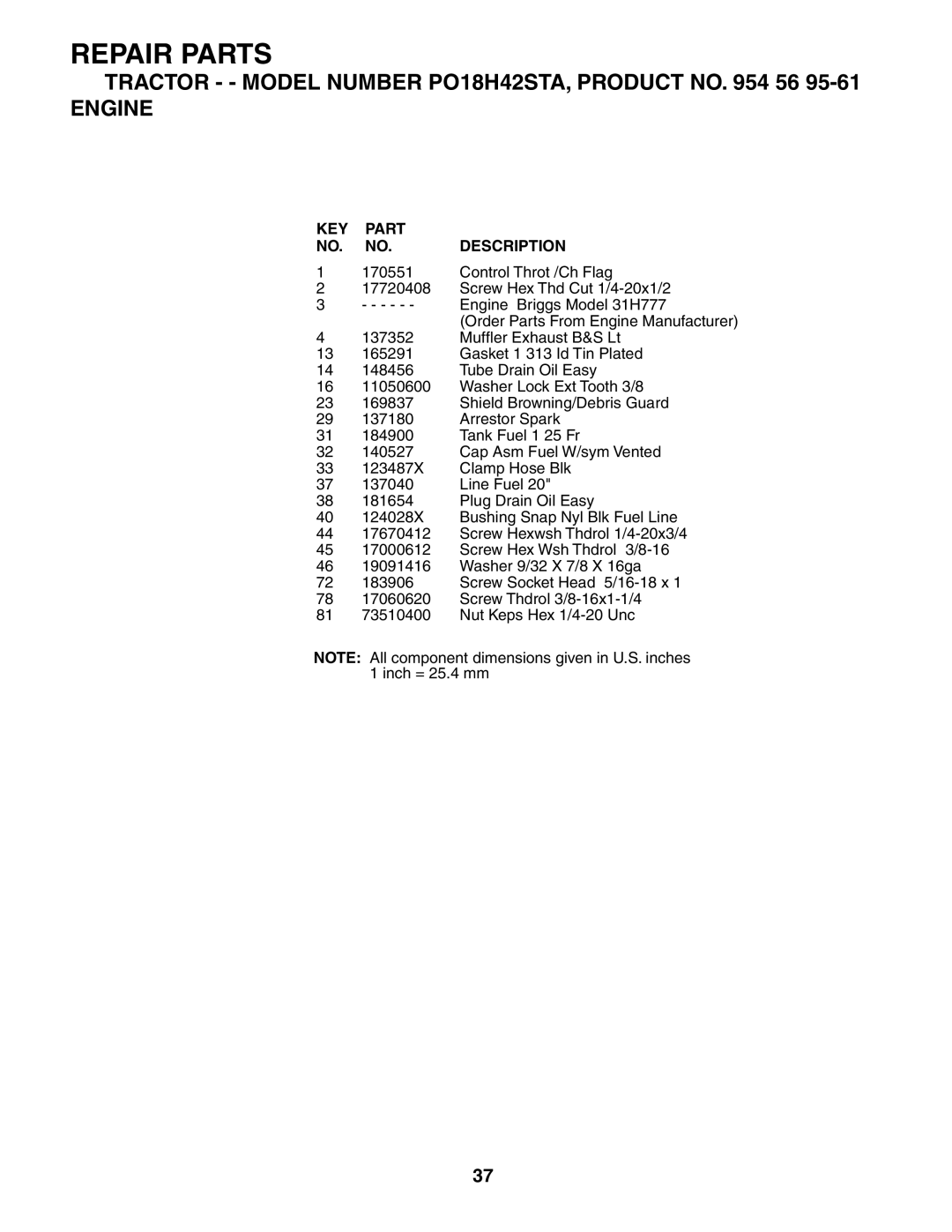 Poulan PO18H42STA manual Repair Parts 