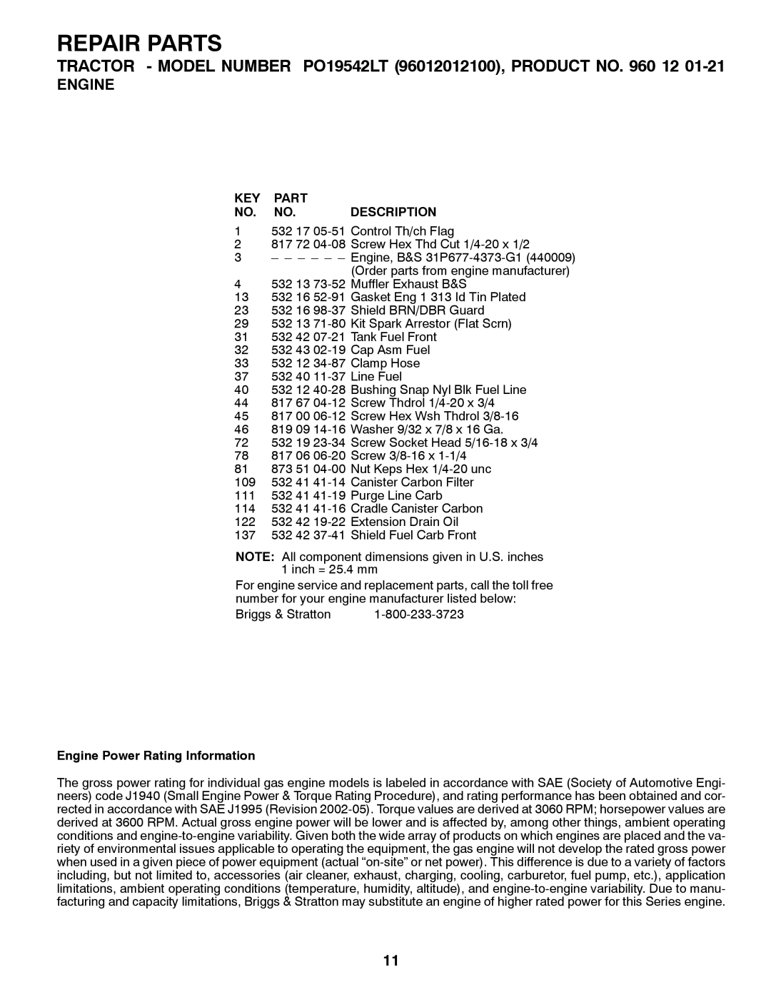 Poulan PO19542LT manual Engine Power Rating Information 