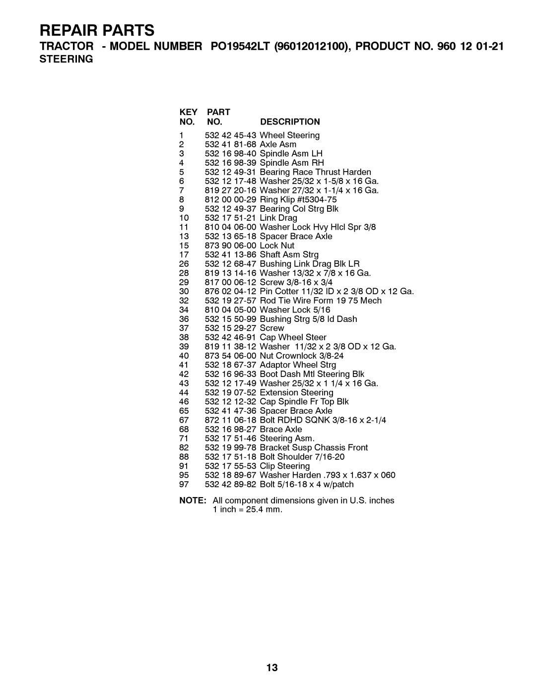 Poulan PO19542LT manual Repair Parts 