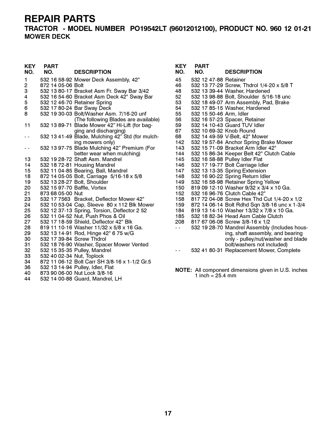 Poulan PO19542LT manual Repair Parts 