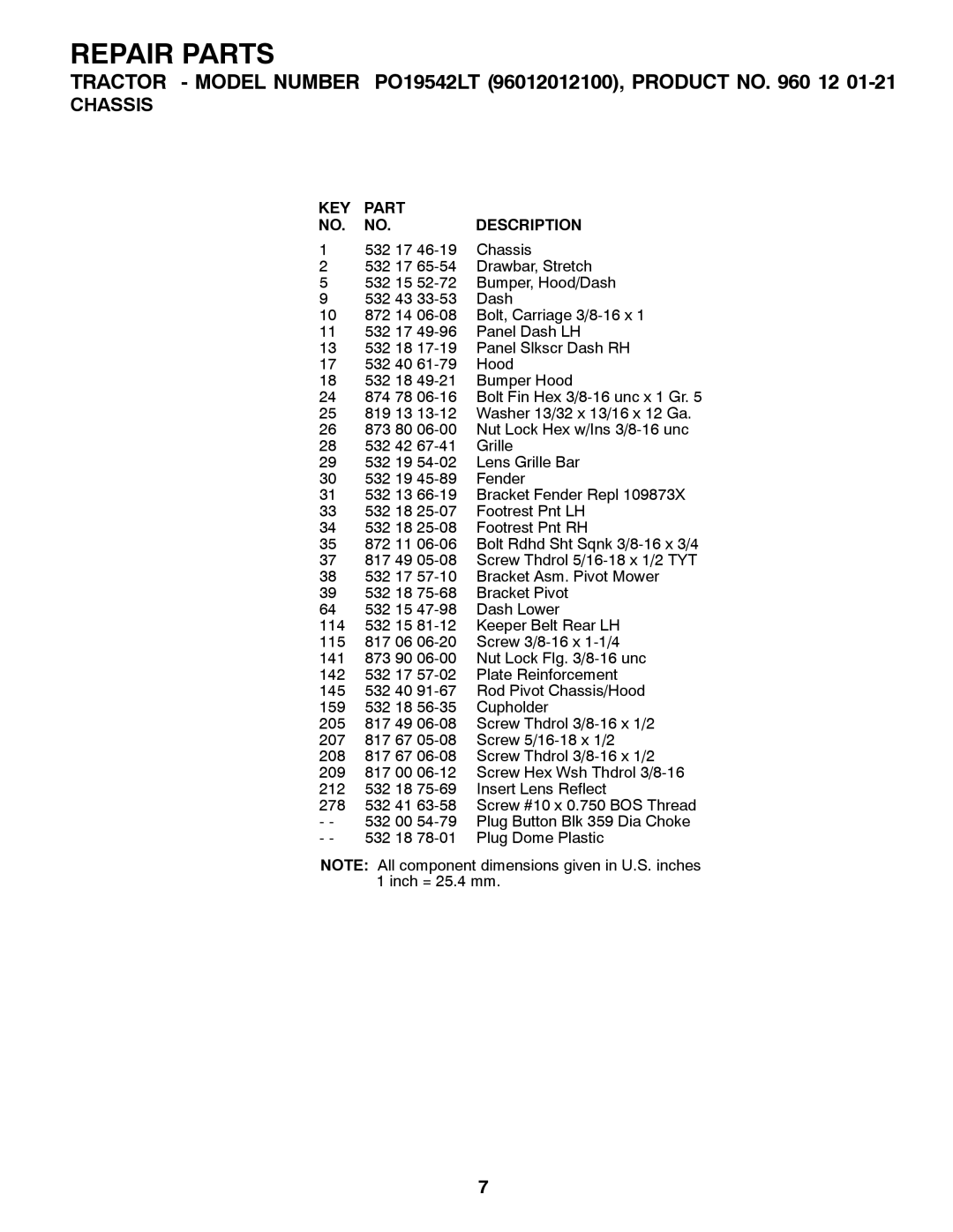 Poulan PO19542LT manual KEY Part Description 