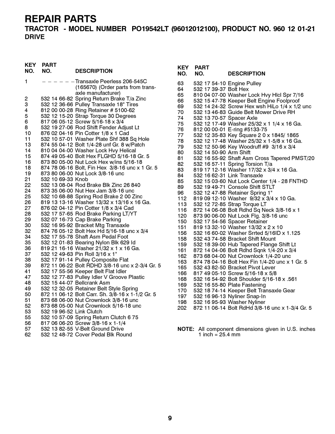 Poulan PO19542LT manual KEY Part NO. NO. Description 