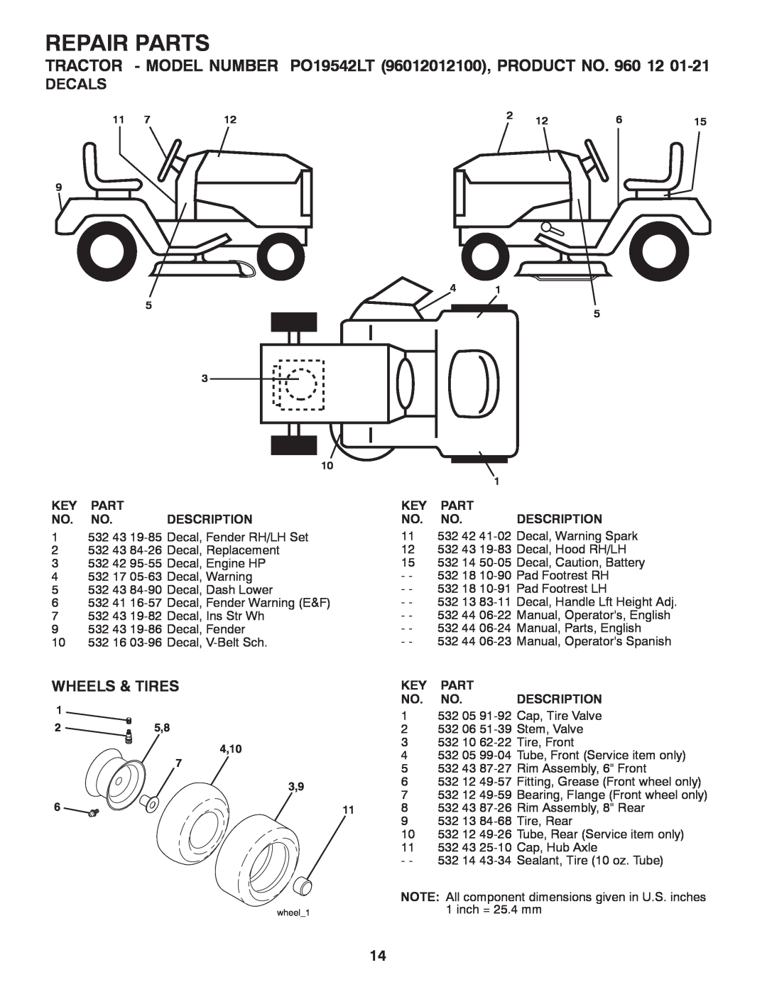 Poulan Repair Parts, TRACTOR - MODEL NUMBER PO19542LT 96012012100, PRODUCT NO, 532 43 19-85 Decal, Fender RH/LH Set 