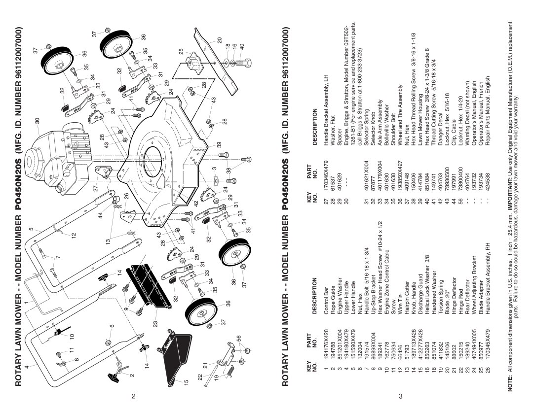 Poulan 96112007000 warranty Rotary Lawn Mower - Model Number PO450N20S MFG. ID. Number, KEY Part Description 