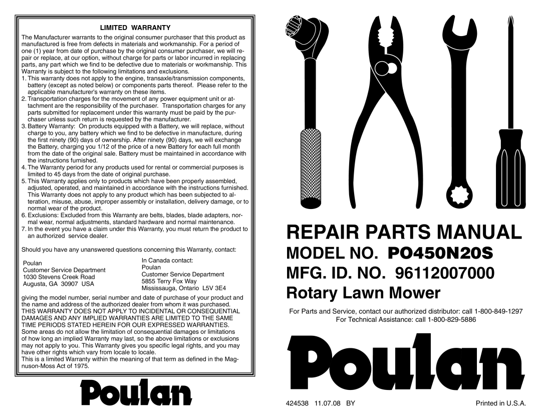 Poulan 96112007000 warranty Repair Parts Manual, Limited Warranty, For Technical Assistance: call, 424538 11.07.08 BY 