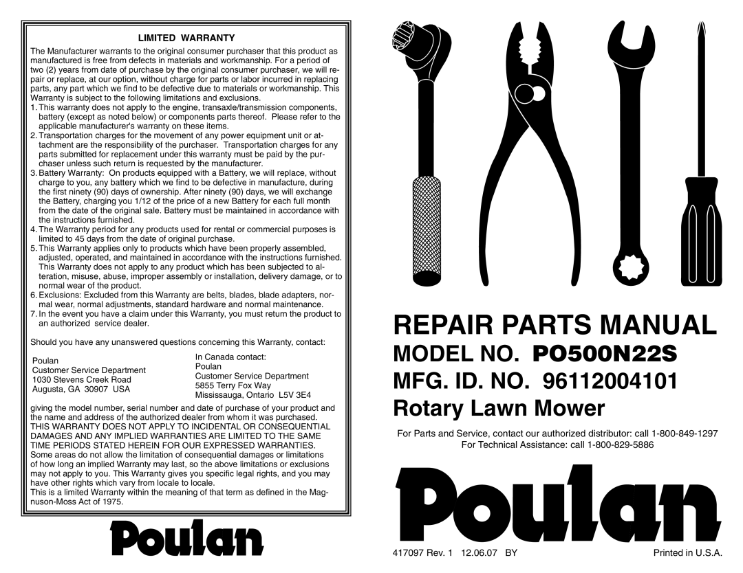 Poulan 96112004101 warranty Repair Parts Manual, Model NO. PO500N22S MFG. ID. no Rotary Lawn Mower, Limited Warranty 